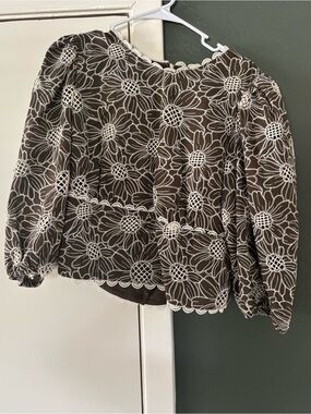 Express Brown Blouse with Cream Floral Embroidery